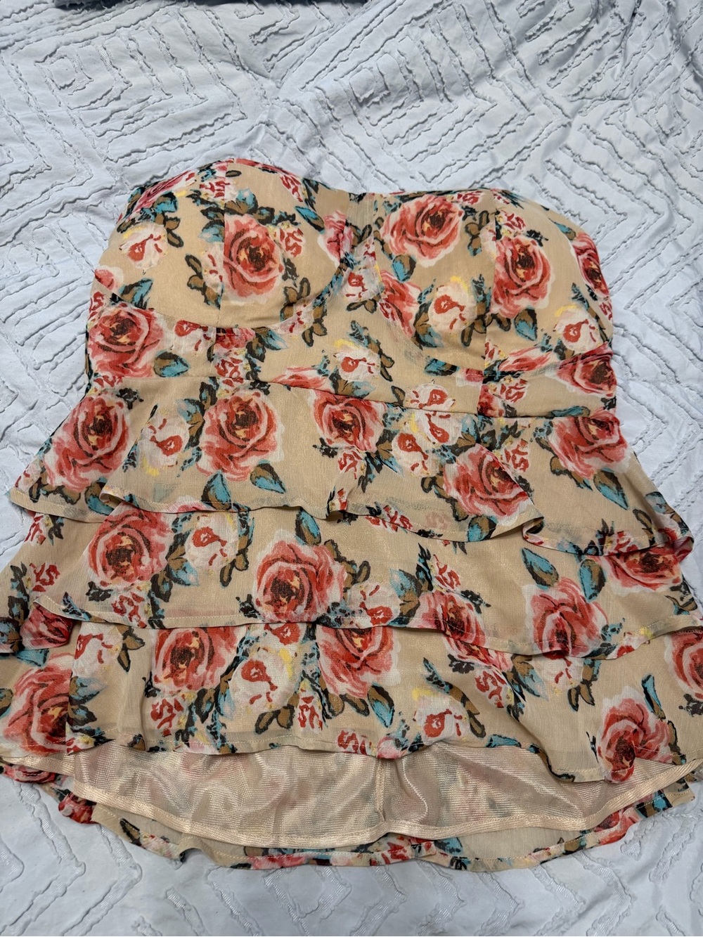 American Rag Strapless Floral Ruffled Bustier Top in Peach and Teal
